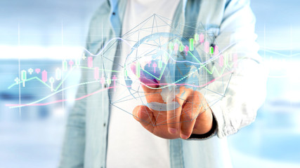 Poster - businessman holding a 3d render stock exchange trading data information display on a futuristic inte