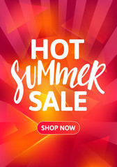 Poster - Hot Summer Sale Vertical Banner Design. Hand Drawn Text on Bright Colorful Background. Vector Advertising Illustration