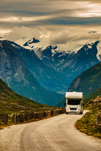 Camper Car In Norwegian Mountains