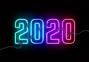 Poster - 2020 New Year Concept with Colorful Neon Lights. Vector Illustration