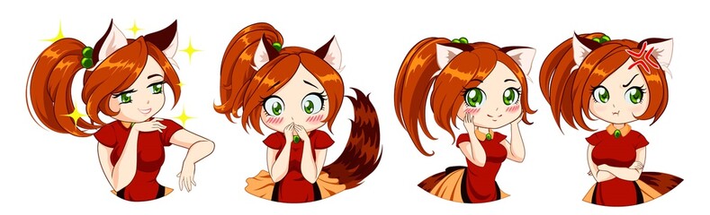 Wall Mural - Cute anime neko girl with red hair and green eyes. Cat foxy ears and tail. Different funny emotions set.