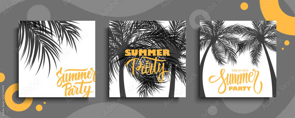 Summer Party cards set. Summertime party tropical backgrounds with hand drawn lettering Summer Party and palm trees. Vector illustration. - obrazy, fototapety, plakaty 