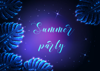 Wall Mural - Summer party poster with glowing low polygonal monstera tropical leaves, stars.