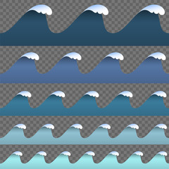 Wall Mural - vector set of paper art cartoon blue abstract waves