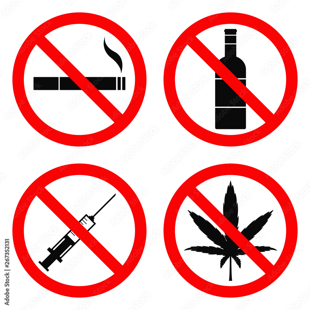 NO SMOKING, NO ALCOHOL, NO DRUGS, NO HEMP sign. Vector illustration. Stock  Vector