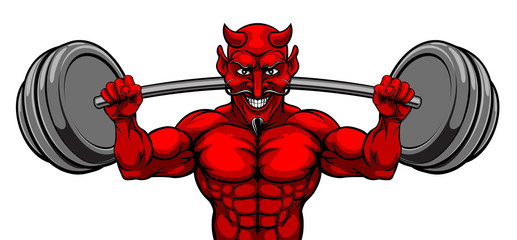 Wall Mural - A devil Satan weight lifter body builder sports mascot lifting a big barbell