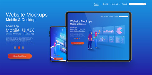 Wall Mural - Web design template. Concept of website design and development, app development, seo,business presentation. Online statistics and data Analytics. People interacting with charts and analyzing statistic