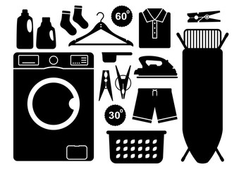 Laundry. Laundry set silhouettes. Design elements in black and white style. Washing machine, ironing board, electric iron, clothes basket, bleaches liquid and other.