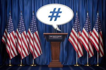 Message , tweet or speech bubble of the president of USA in White House. Space for text.