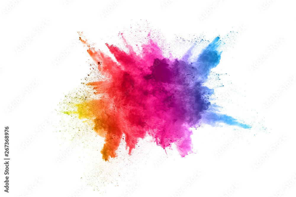 Multicolor powder explosion on White background. Colored cloud. Colorful dust explode. Paint Holi. - obrazy, fototapety, plakaty 