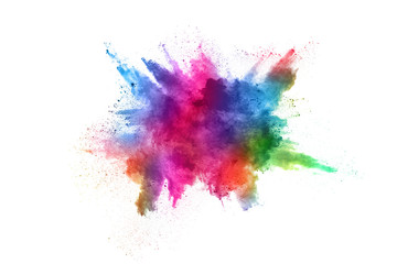 Canvas Print - multicolor powder explosion on white background. colored cloud. colorful dust explode. paint holi.