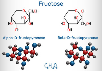 Poster - Fructose, alpha-D-fructopyranose, beta-D-fructopyranose molecule. Cyclic form. Structural chemical formula and molecule model