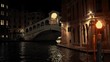 Rialto Bridge at dark night. View of Grand Canal, Venice. Beautiful panorama.