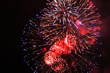 Star scattering of bright red and blue firework lights during Halloween, Christmas, Independence Day, New Year.