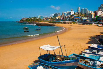 SALVADOR, BRAZIL: Beautiful landscape with tropical beach view. Brazilian beach in Sunny weather