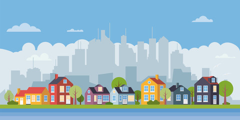 Suburban village flat design cityscape banner vector illustration