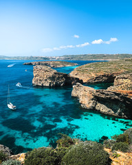Blue lagoon in Comino Island, Malta. Nature summer seascape in Malta. Travel and tourism in Malta concept.