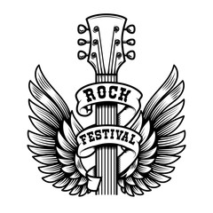 Wall Mural - Rock festival. Guitar head with wings. Design element for poster, t shirt, emblem, sign, label.