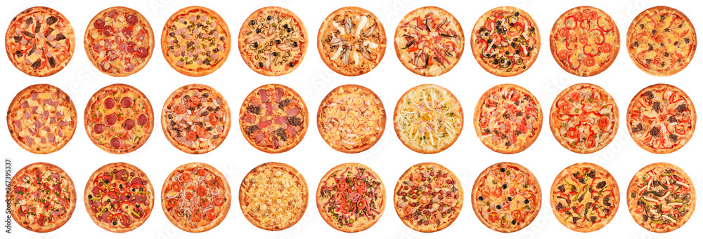 Big set of pizzas isolated on white background. Top view - obrazy, fototapety, plakaty 