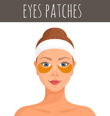 Hydrogel eye mask. Female face with patches under the eyes. Vector illustration in cartoon style. Asian skin care.