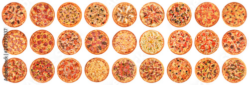Fotomural Big set of pizzas isolated on white background. Top view