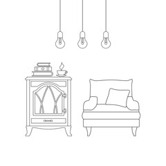 Wall Mural - Line art interior. Recreation area with fireplace and armchair. Black and white vector illustration in outline style. Linear drawing of the room.