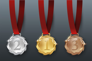 Wall Mural - Award golden, silver and bronze medals 3d realistic vector color illustration on gray background