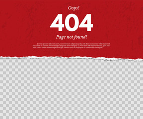 Poster - 404 page not found concept. Red torn paper with text isolated on transparent background. Vector design element.