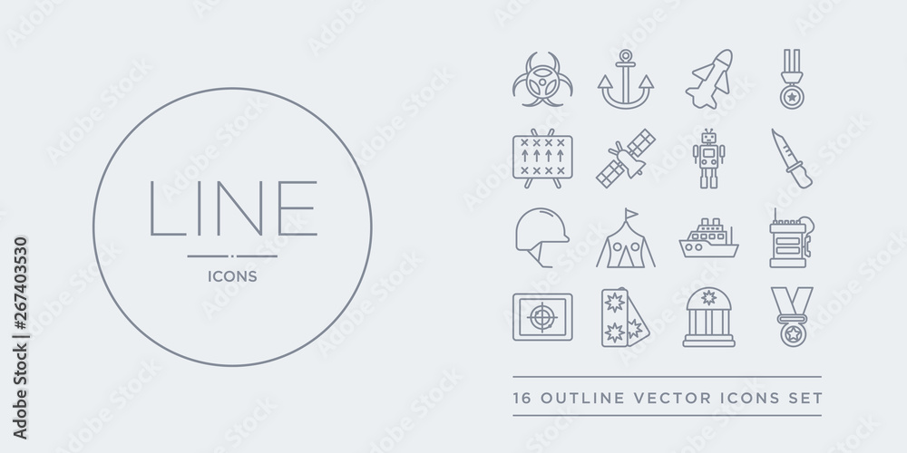 16 line vector icons set such as lieutenant, medal, militar antique ...