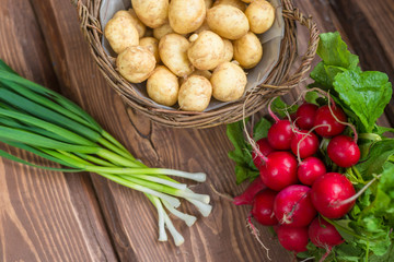 Wall Mural - Fresh raw organic vegetables: potatoes, radishes, green onions on a wooden background.