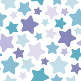 Seamless abstract pattern with little rounded purple stars on white background.
