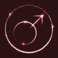 Wall Mural - Vector abstract shiny astrological sign of Mars planet and crescent moon on dark red background. Illustration of male symbol. Glowing Mars icon.