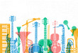 Musical instruments, guitar, fiddle, violin, clarinet, banjo, trombone, trumpet, saxophone, sax, music lover slogan graphic for t shirt design posters prints. Hand drawn vector illustration.