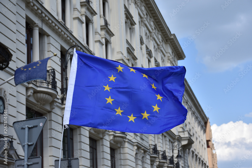 Flag of European Union in Old town of Warsaw, Poland