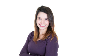 Wall Mural - pretty cute smile happy young woman posing arms folded crossed on white background