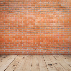  Old red brick wall and wood floor background and texture with copy space