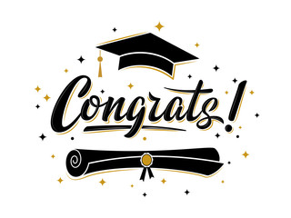 congrats! greeting sign for graduation party. class of 2019. academic cap and diploma. vector design