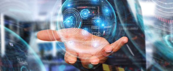 Aufkleber - Businessman using digital technological interface with datas 3D rendering