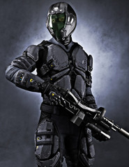 Portrait of a masked futuristic armored soldier with a studio background. 3d rendering