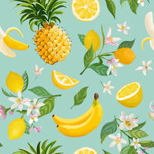 Seamless Tropical Fruit Pattern With Lemon, Banana, Pineapple, Fruits, Leaves, Flowers Background. Hand Drawn Vector Illustration In Watercolor Style For Summer Romantic Cover, Tropical Wallpaper