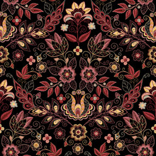 Embroidery Seamless Pattern With Beautiful Flowers. Vector Handmade Floral Ornament On Dark Background. Embroidery For Fashion Products. Elegant Tiled Design, Best For Print Fabric Or Papper And More.