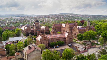 Aerial view of Residence of Bukovinian and Dalmatian Metropolitans. Chernivtsi National University. Chernivtsi touristic destination of Western Ukraine.