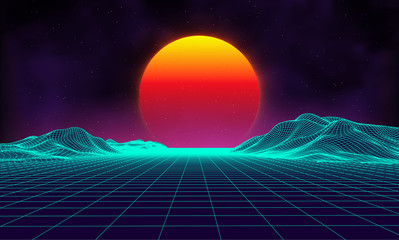 Wall Mural - retro background futuristic landscape 1980s style. digital retro landscape cyber surface. retro musi