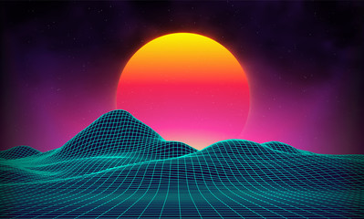 Wall Mural - retro background futuristic landscape 1980s style. digital retro landscape cyber surface. retro musi