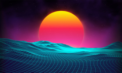 Wall Mural - retro background futuristic landscape 1980s style. digital retro landscape cyber surface. retro musi