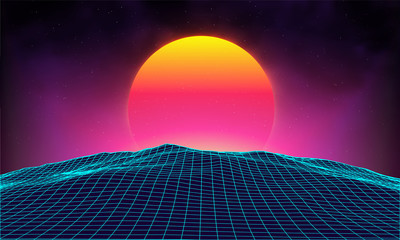 Wall Mural - retro background futuristic landscape 1980s style. digital retro landscape cyber surface. retro musi