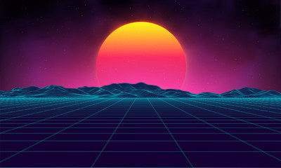 Wall Mural - retro background futuristic landscape 1980s style. digital retro landscape cyber surface. retro musi