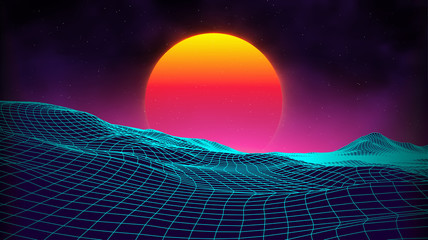 Wall Mural - retro background futuristic landscape 1980s style. digital retro landscape cyber surface. retro musi