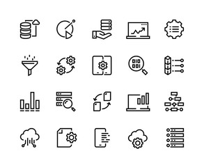 Poster - Data analytic line icons. Business technology process digital gear support information network tech. Big data analytics performance chart vector set