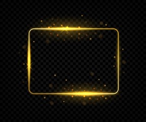 Aufkleber - Golden square frame. Shining border lines with flares and sparkles, yellow rectangle shape with glowing effect. Vector golden sign on black backgrounds